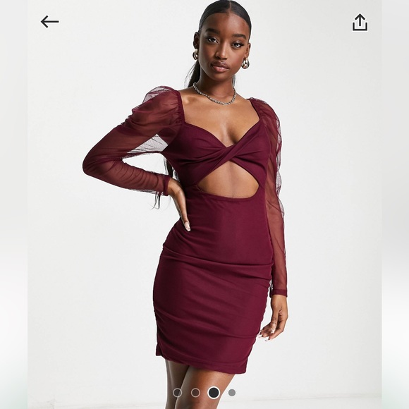 Twist Front Ruched Sheer Sleeved Mini Dress in Berry- 6 - Picture 4 of 8